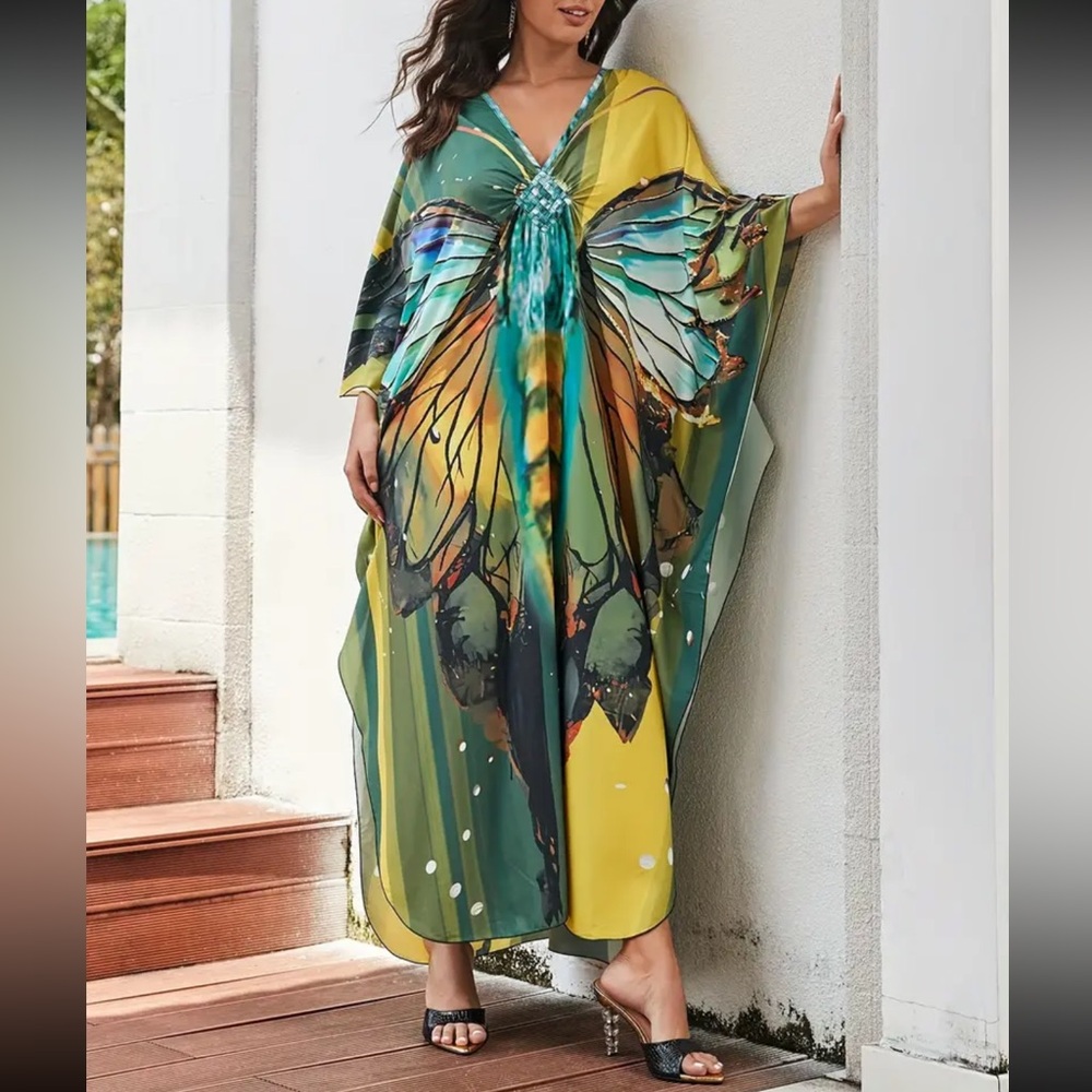 CELEBRATE YELLOW DRAGNFLY MIX BOHO S-4XL LOUNGE COVERUP ROBE RESORT DRES… - Picture 2 of 8
